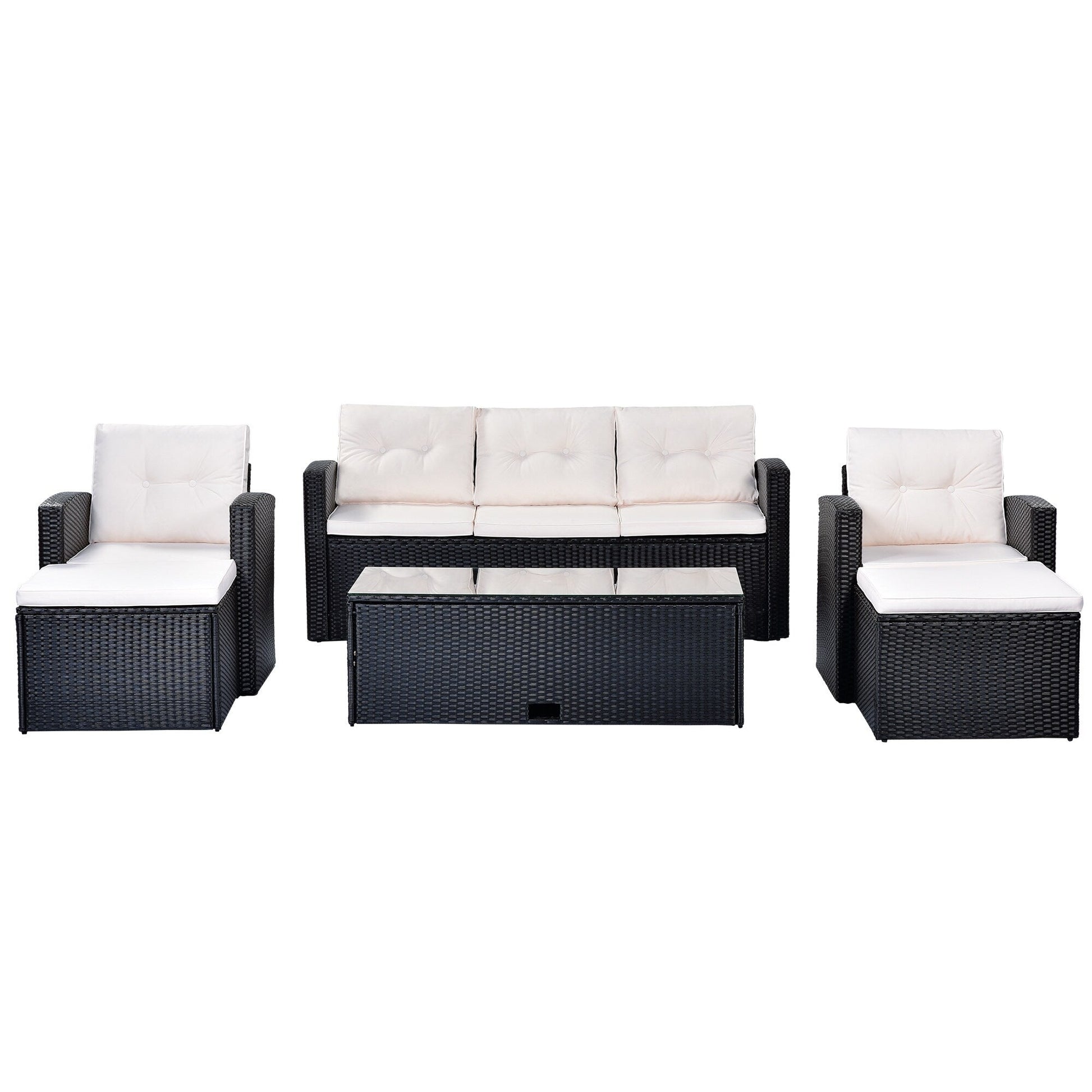 Ensemble de salle à manger d'extérieur en rotin synthétique 6 pièces avec table basse, canapés en osier, poufs et coussins amovibles