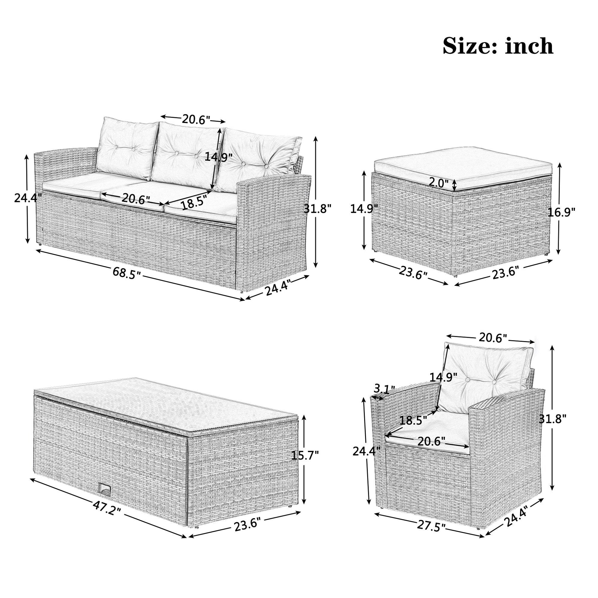 Ensemble de salle à manger d'extérieur en rotin synthétique 6 pièces avec table basse, canapés en osier, poufs et coussins amovibles