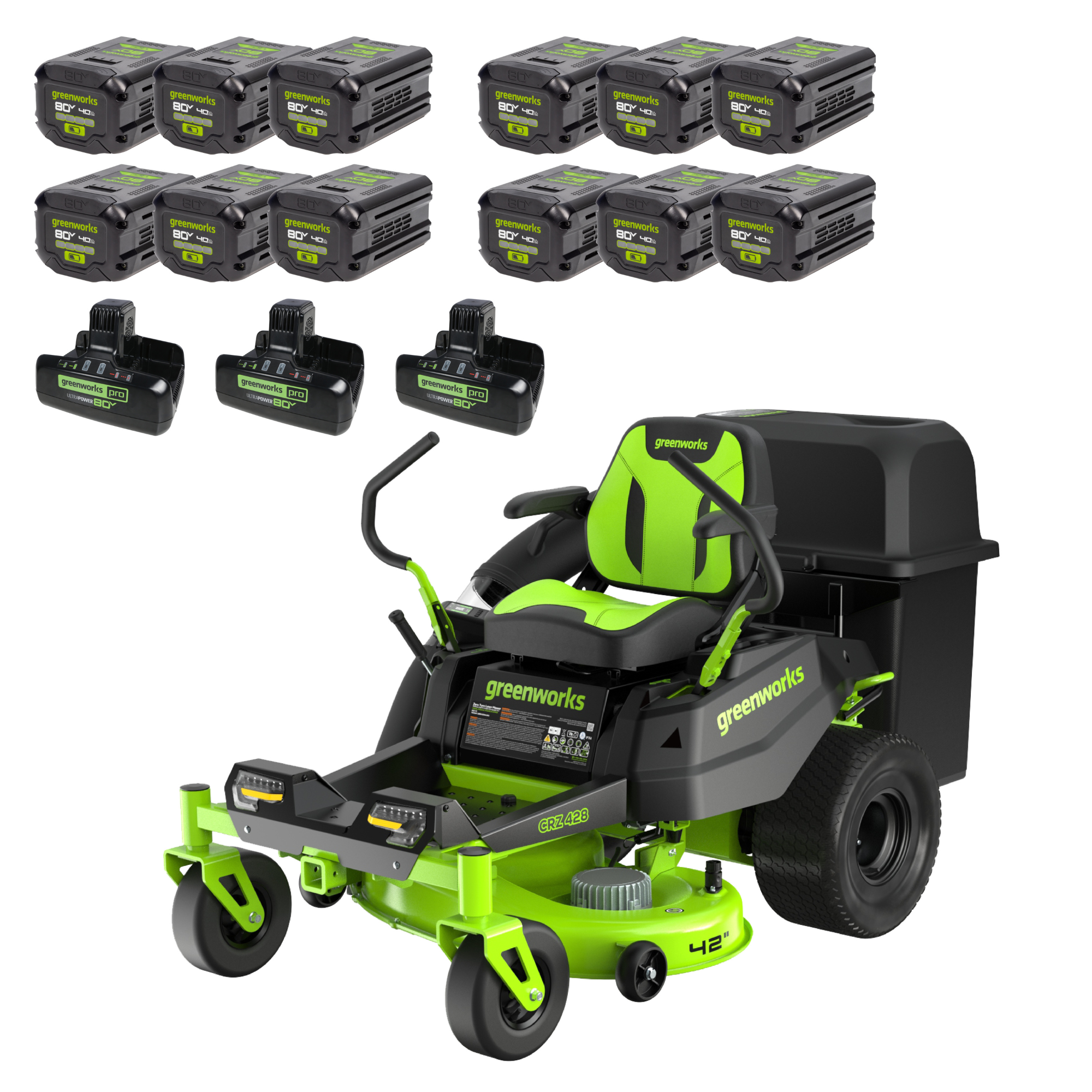 Tondeuse à gazon CrossoverZ à rayon de braquage zéro 80 V 42 V, reconditionnée, avec 12 batteries 4 Ah et 3 chargeurs double port.