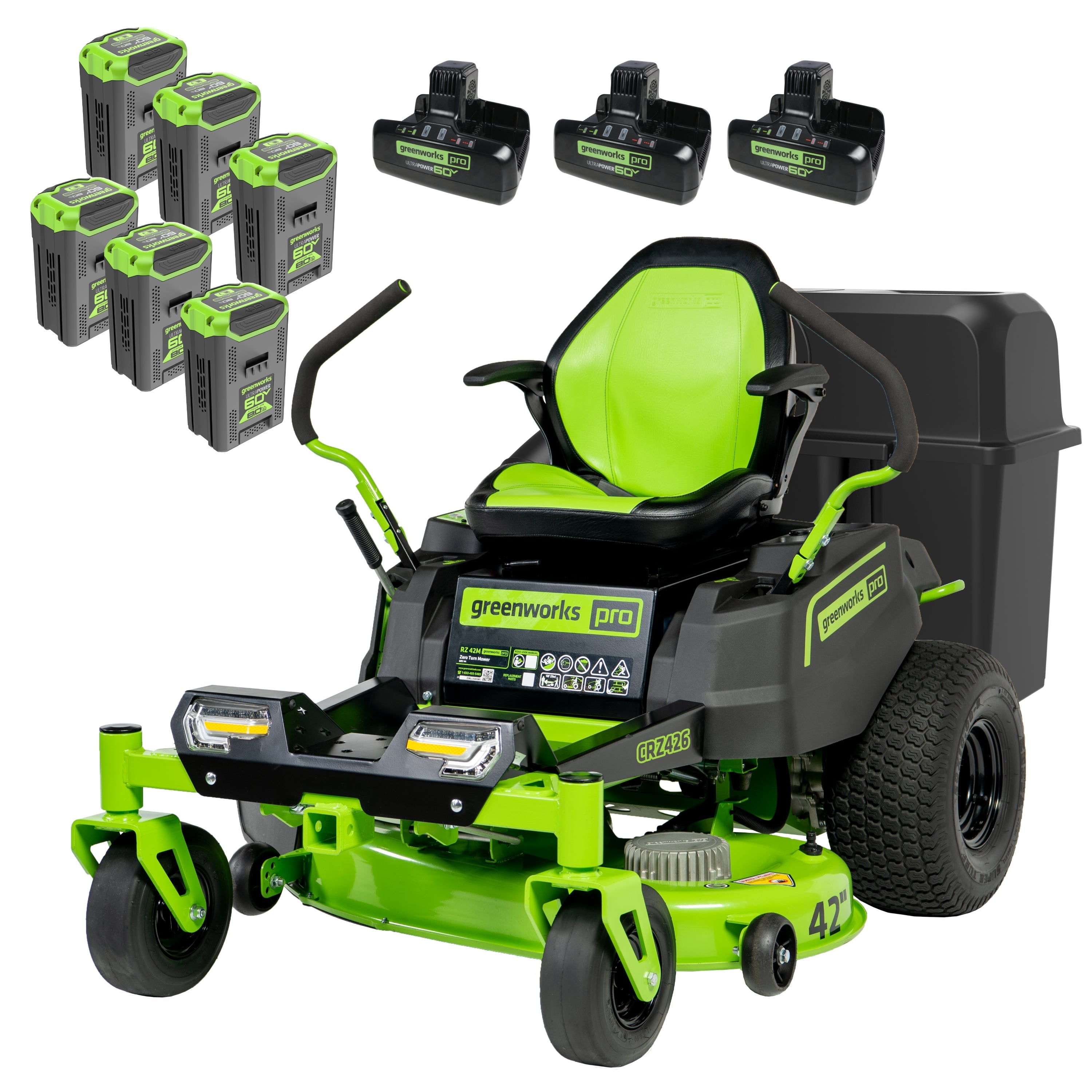 Tondeuse à gazon sans fil CrossoverZ 60 V 42 V à rayon de braquage nul avec bac de ramassage, six (6) batteries 8 Ah et trois (3) turbocompresseurs à double port
