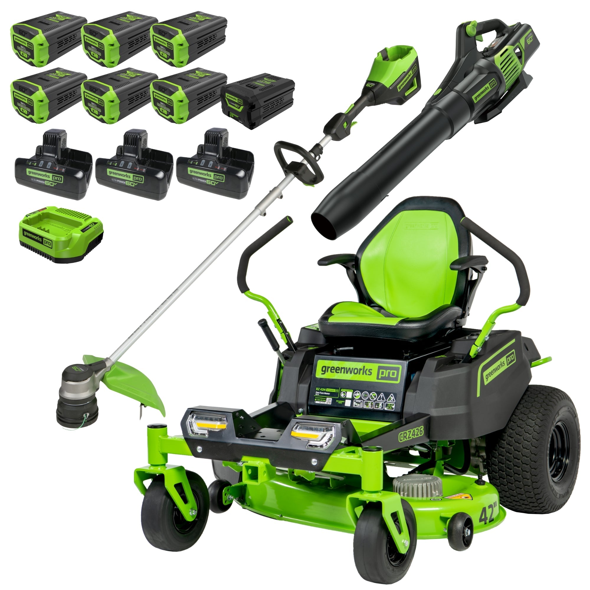Tondeuse autoportée CrossoverZ à rayon de braquage zéro 60 V 42 V, kit combiné 3 outils avec 6 batteries 8 Ah, 1 batterie 2,5 Ah et 4 chargeurs
